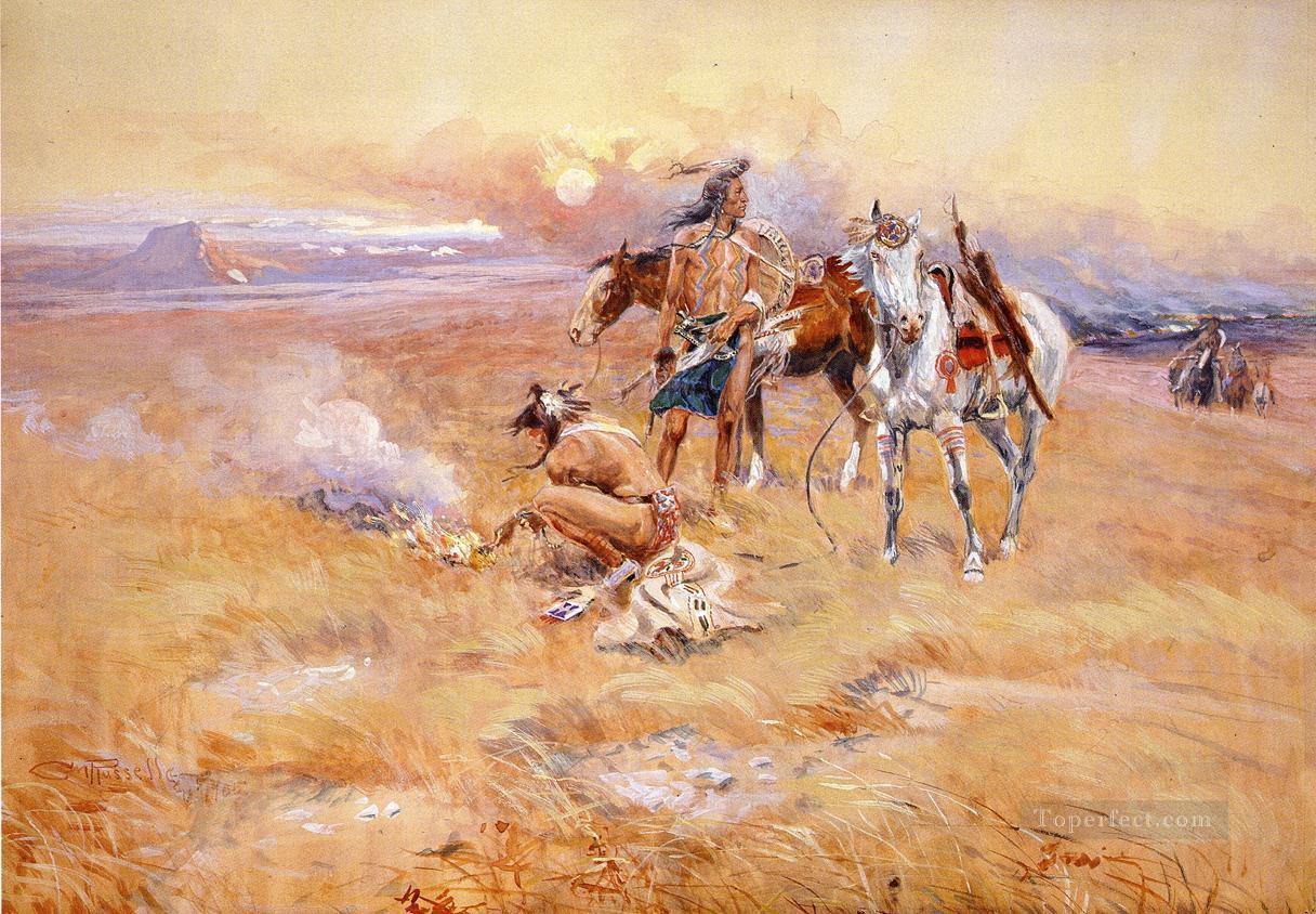 Blackfeet Burning Crow Buffalo Range western American Charles Marion Russell Oil Paintings